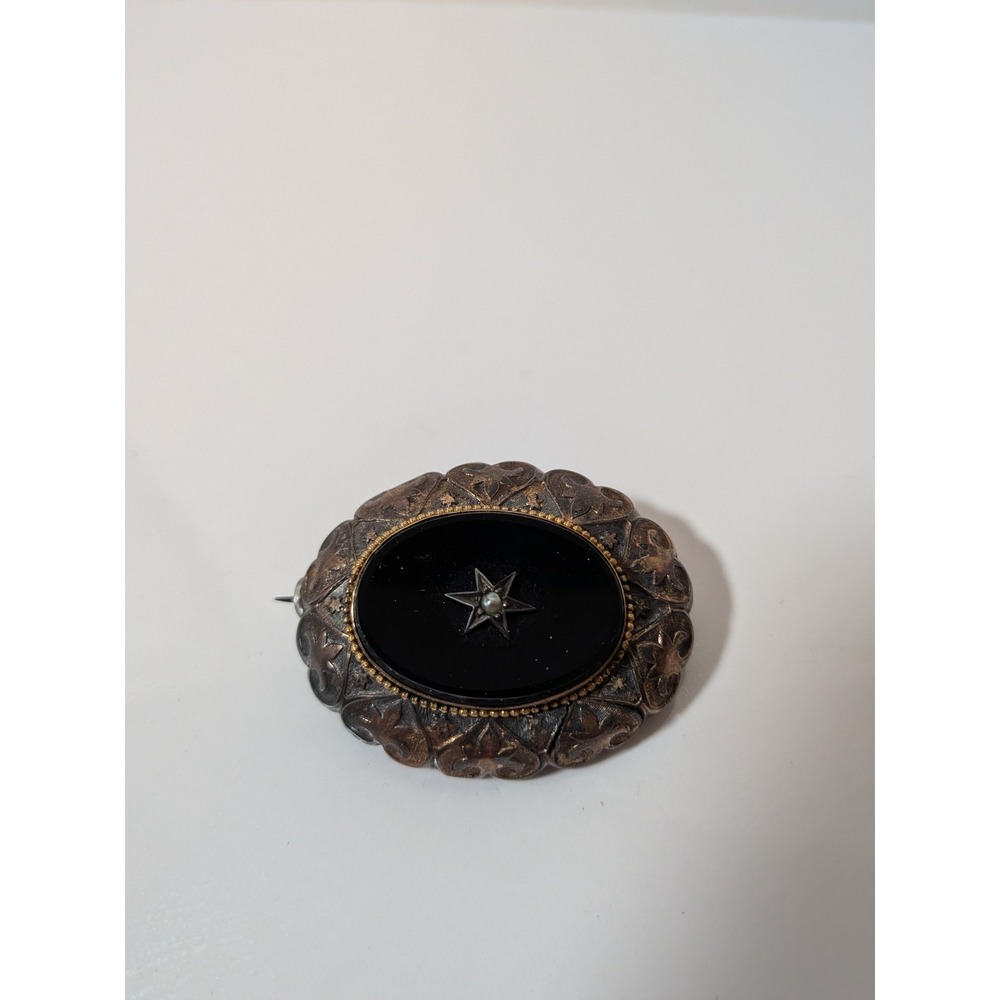 Antique Victorian 1860 Mourning Brooch Black Onyx Seed Pearl Star Repousse Frame